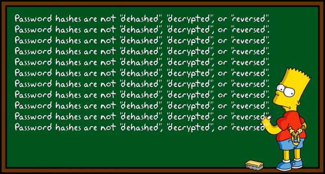 Bart Simpson at chalkboard, writing: Password hashes are not 'dehashed', 'decrypted', or 'reversed'.