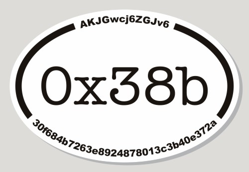 A white oval bumper sticker, containing the string '0x38b' in large letters, and two password hashes at the edges